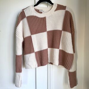 Cozy Checkered Knit Sweater - Brown and Cream